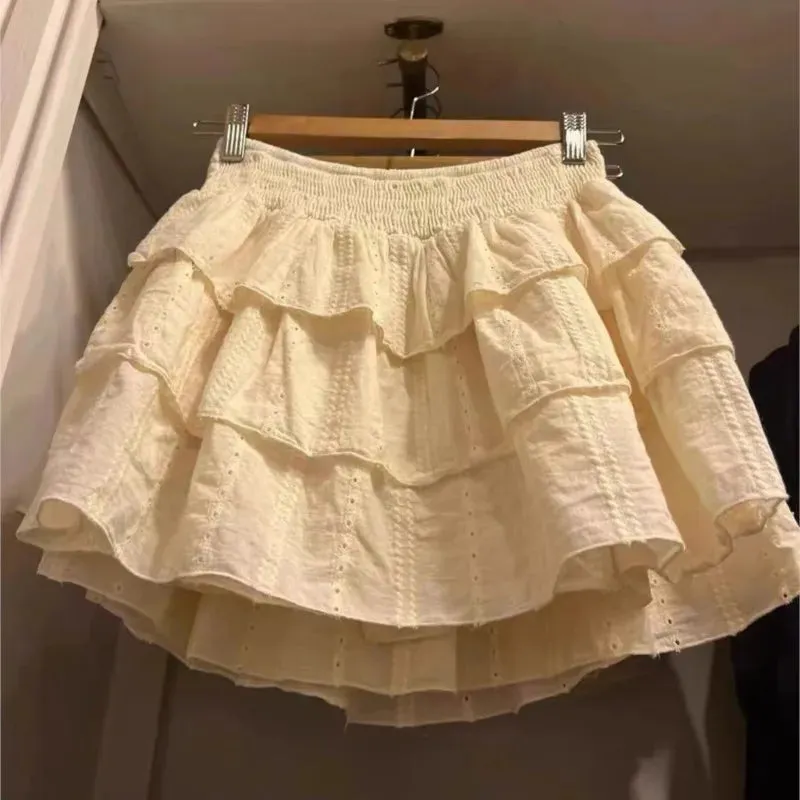 TAVIMART  -  Ruffle A-line Sweet Short Skirts Elastic Waist Women Summer Skirt Hollow Out Embroidery Beige Casual Skirt Academic Style