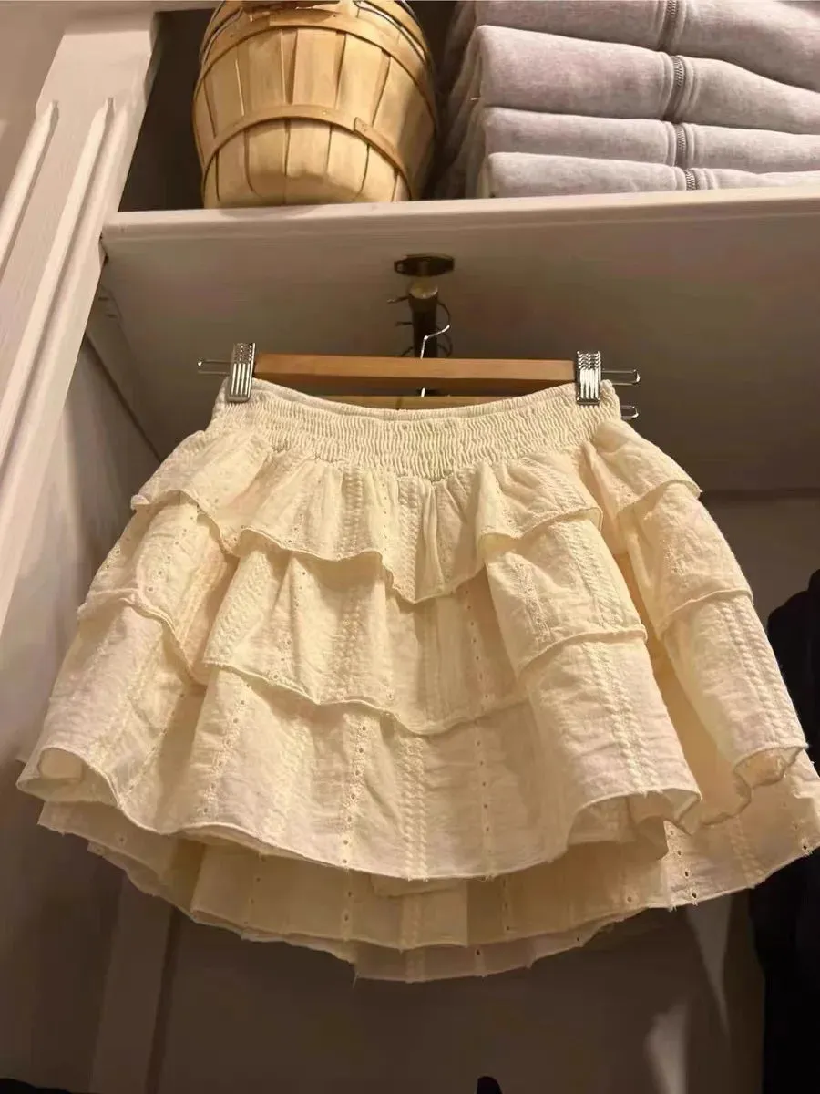 TAVIMART  -  Ruffle A-line Sweet Short Skirts Elastic Waist Women Summer Skirt Hollow Out Embroidery Beige Casual Skirt Academic Style