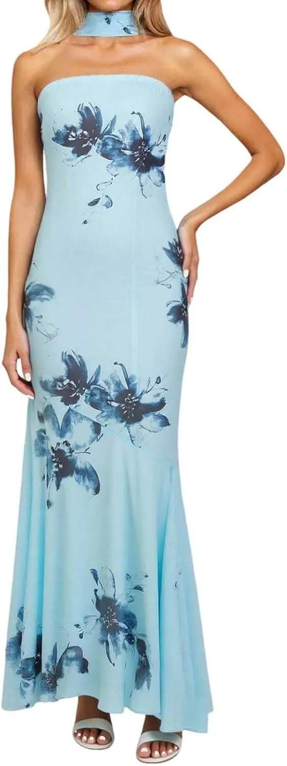 Tube Floral Maxi Dresses Strapless Backless Bodycon Dress Sexy Summer Cocktail Dress for Beach Weddings & Formal Events