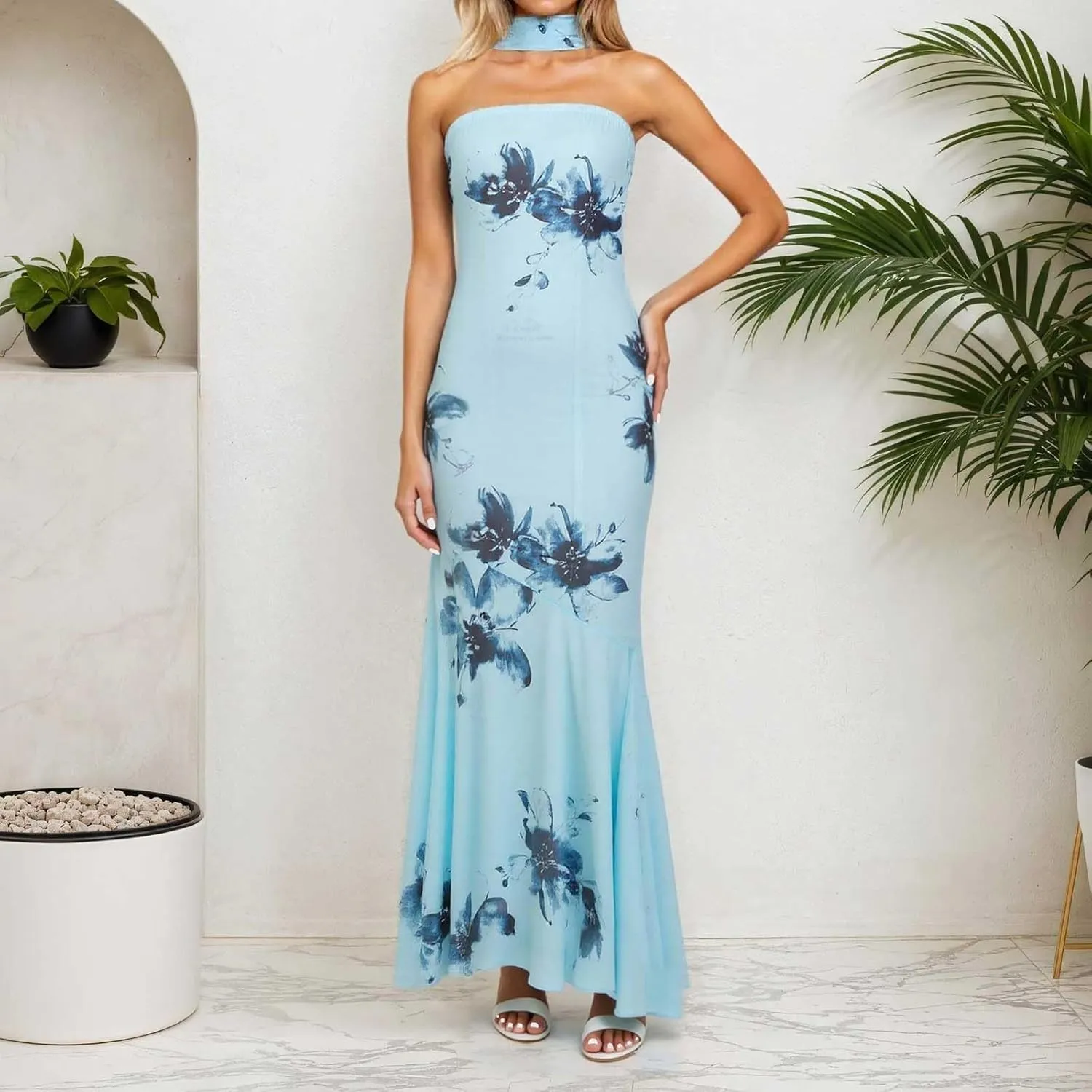 Tube Floral Maxi Dresses Strapless Backless Bodycon Dress Sexy Summer Cocktail Dress for Beach Weddings & Formal Events