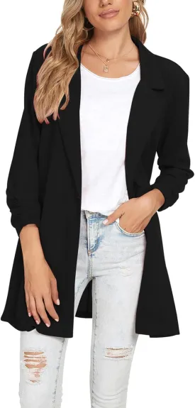 Unifizz Women Long Blazers for Business Casual 3/4 Sleeve Button Front Notch Lapel Lightweight Work Office Blazer Jackets
