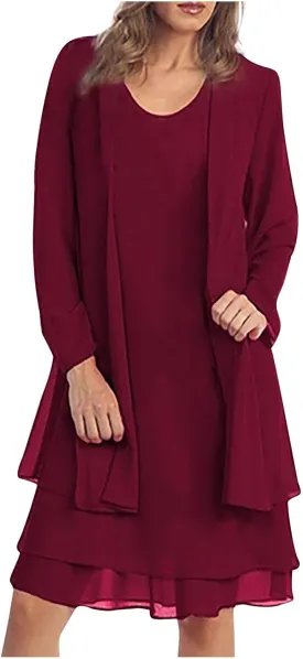 Wedding Guests Dresses Women Fashion Mother of The Bride Dress Elegant Layered Gown Chiffon Cardigan Two Piece Outfit