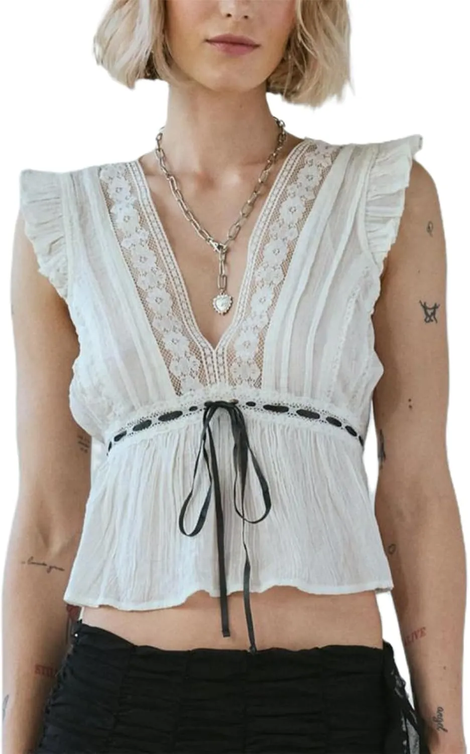 Women Lace Trim Shirts Sleeveless V Neck Flutter Sleeve Tie Front Cropped Tank Tops Slim Fit Going Out Tops