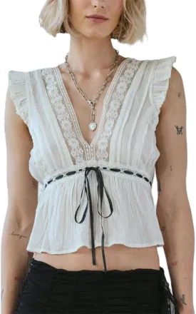 Women Lace Trim Shirts Sleeveless V Neck Flutter Sleeve Tie Front Cropped Tank Tops Slim Fit Going Out Tops