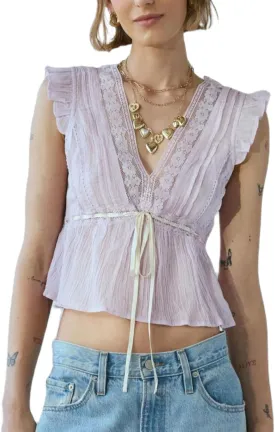 Women Lace Trim Shirts Sleeveless V Neck Flutter Sleeve Tie Front Cropped Tank Tops Slim Fit Going Out Tops