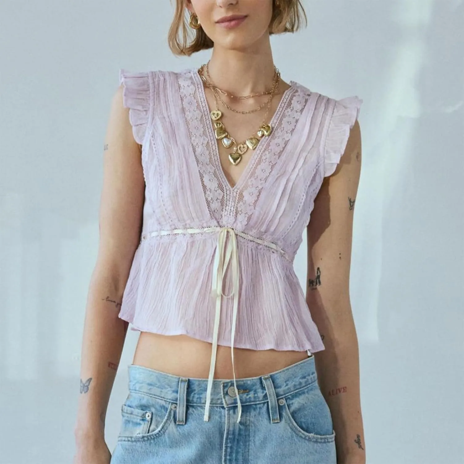 Women Lace Trim Shirts Sleeveless V Neck Flutter Sleeve Tie Front Cropped Tank Tops Slim Fit Going Out Tops