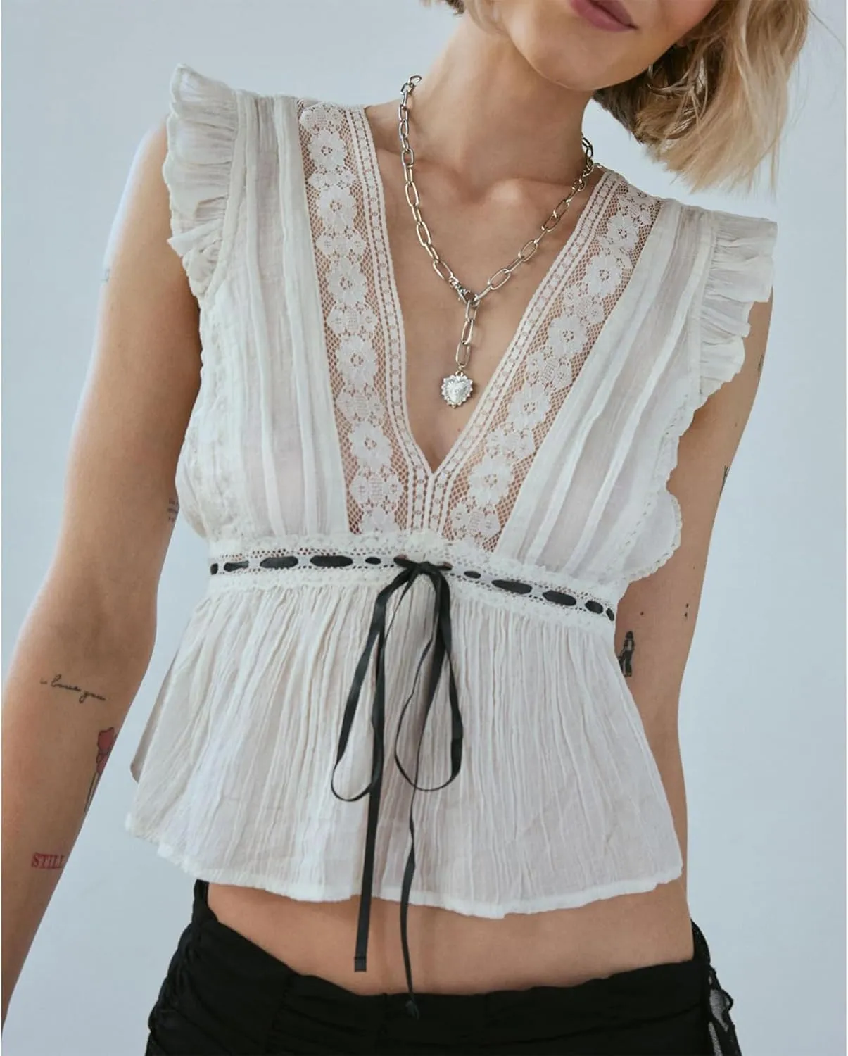 Women Lace Trim Shirts Sleeveless V Neck Flutter Sleeve Tie Front Cropped Tank Tops Slim Fit Going Out Tops
