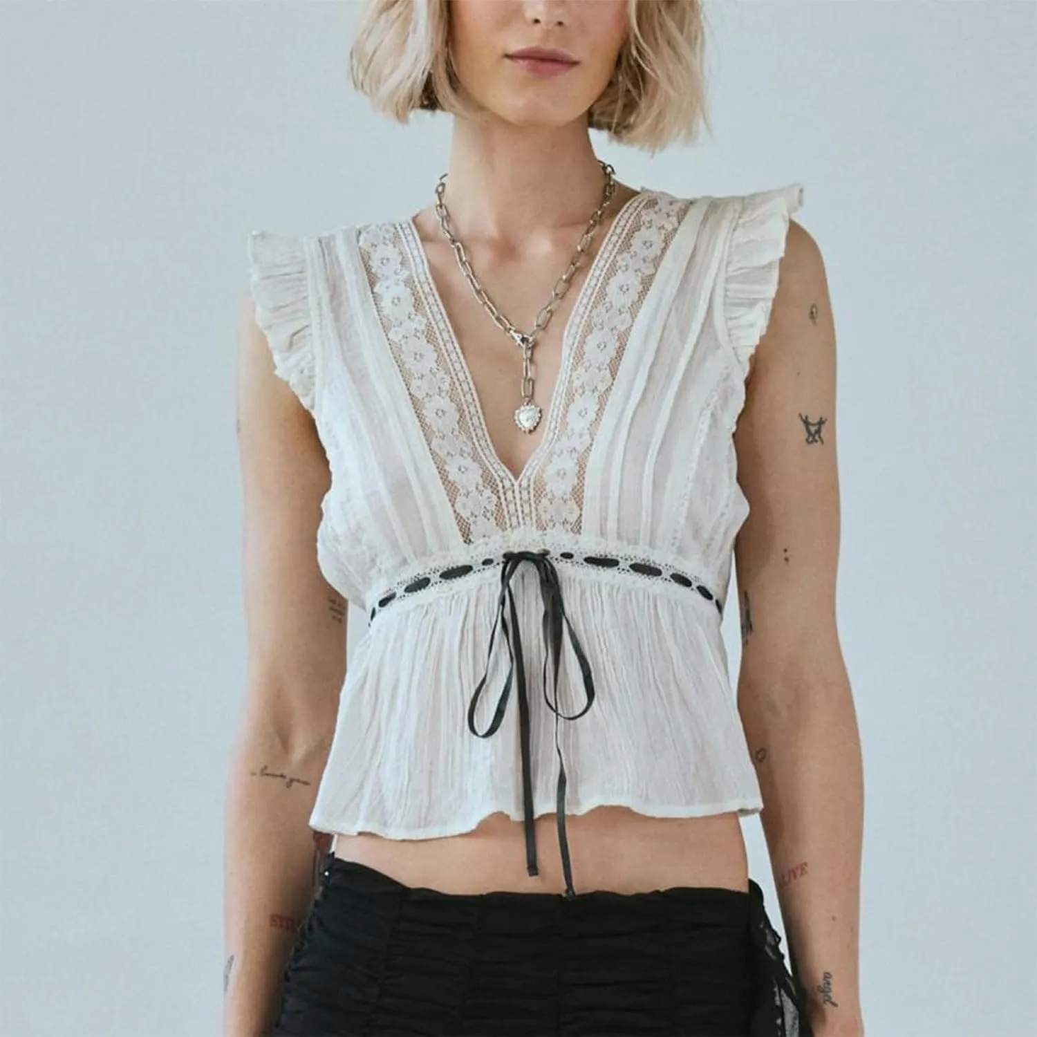 Women Lace Trim Shirts Sleeveless V Neck Flutter Sleeve Tie Front Cropped Tank Tops Slim Fit Going Out Tops