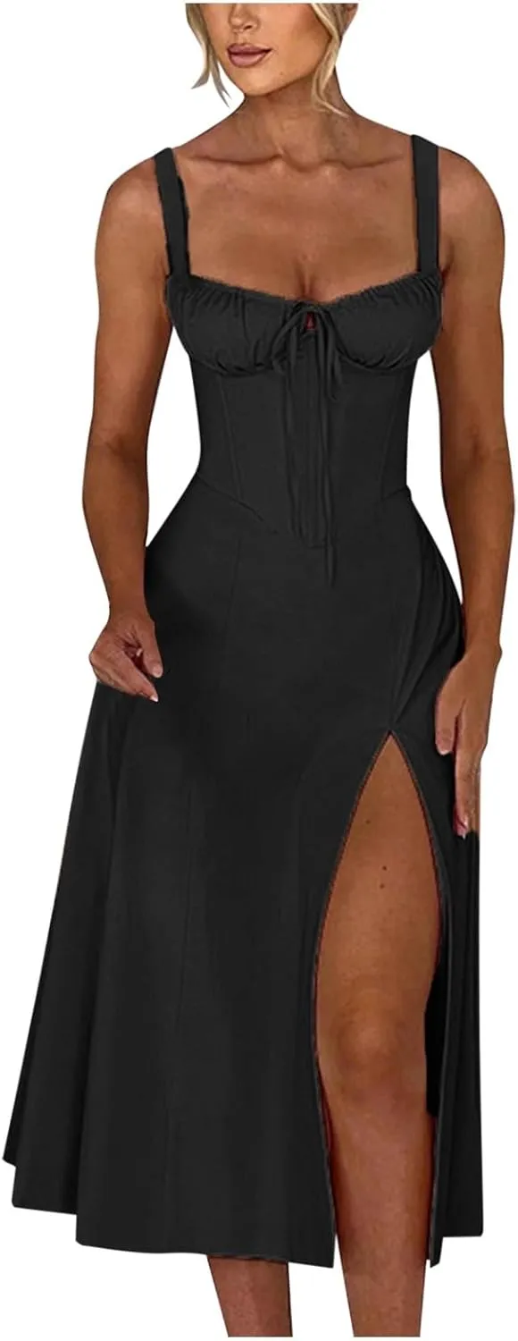 Women Summer Corset Dresses Lace up Pleated Front Slim High Slit Sling Sleeveless Dress Sexy Floral Midi Sundress