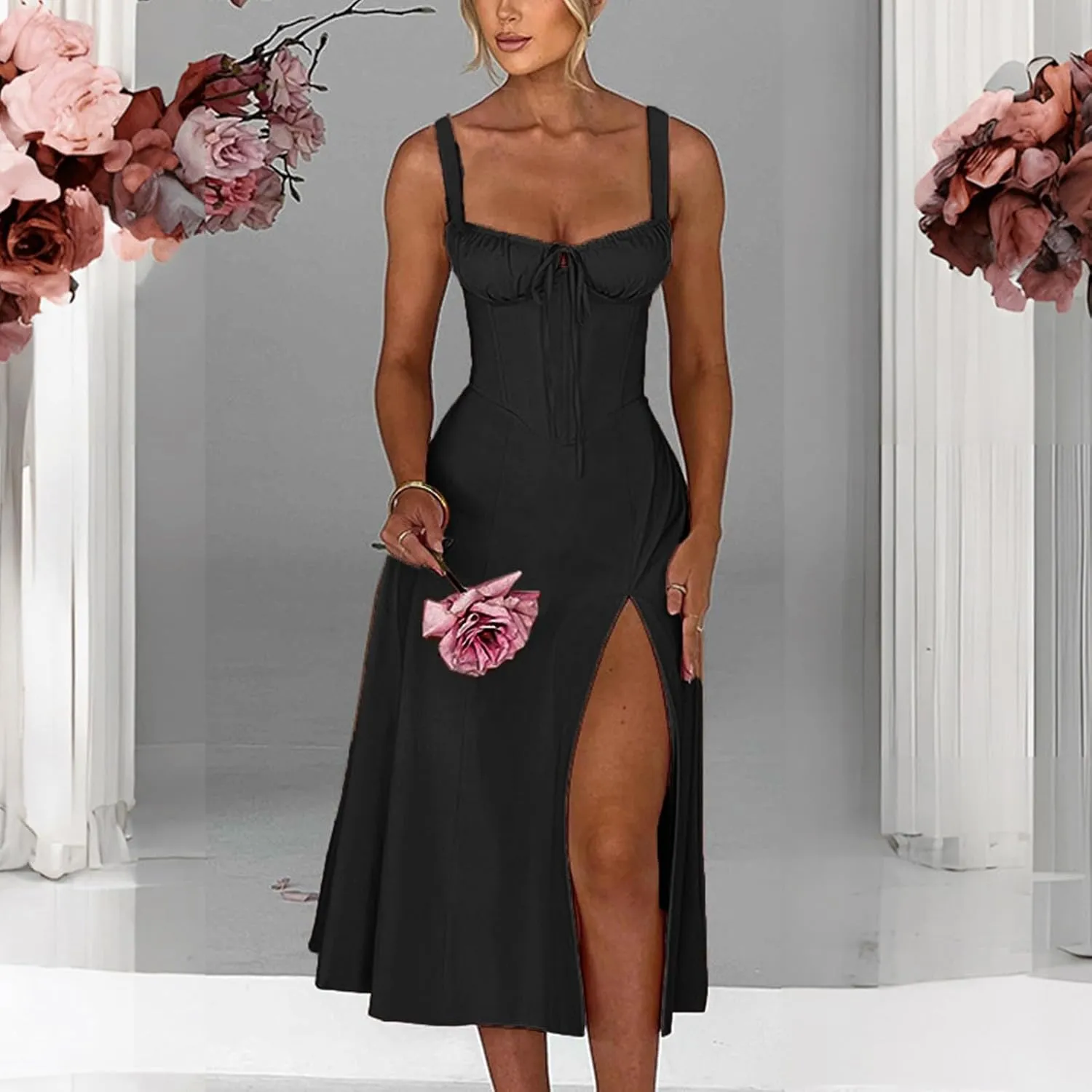 Women Summer Corset Dresses Lace up Pleated Front Slim High Slit Sling Sleeveless Dress Sexy Floral Midi Sundress