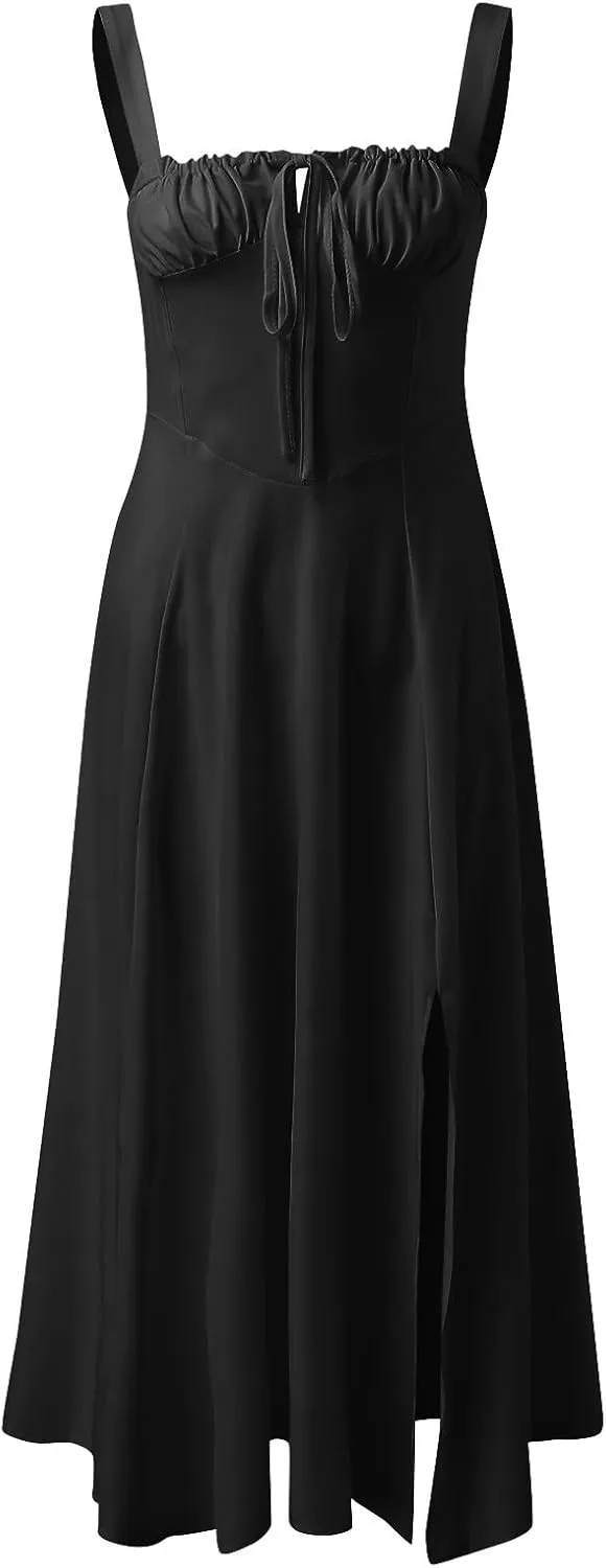 Women Summer Corset Dresses Lace up Pleated Front Slim High Slit Sling Sleeveless Dress Sexy Floral Midi Sundress