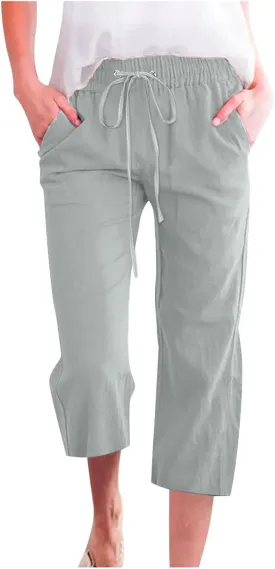 Womens Casual Cotton Linen Pants Lightweight Summer Relax Fit Elastic Waist Plus Size Solid Lounge Long Trousers