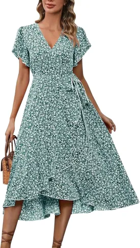 Womens Floral Vacation Dresses Casual Waisted Beach Sundresses Hawaiian Flowy V Neck Dress Ladies Trendy Cute Dress