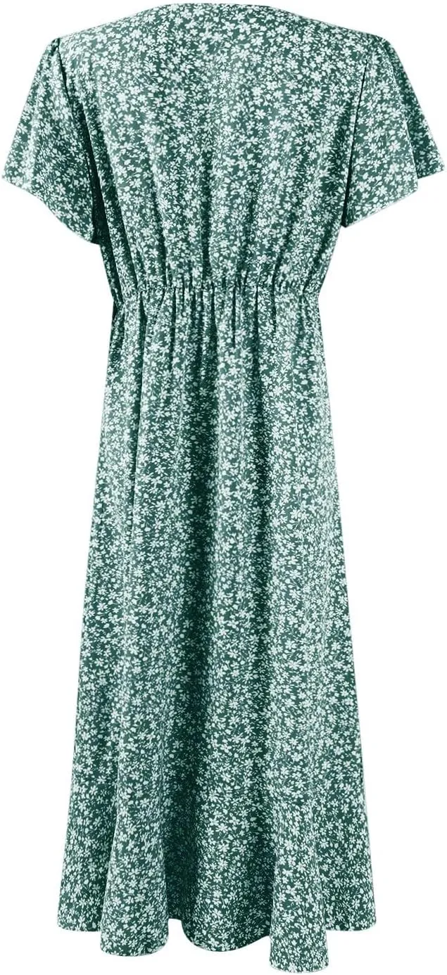 Womens Floral Vacation Dresses Casual Waisted Beach Sundresses Hawaiian Flowy V Neck Dress Ladies Trendy Cute Dress