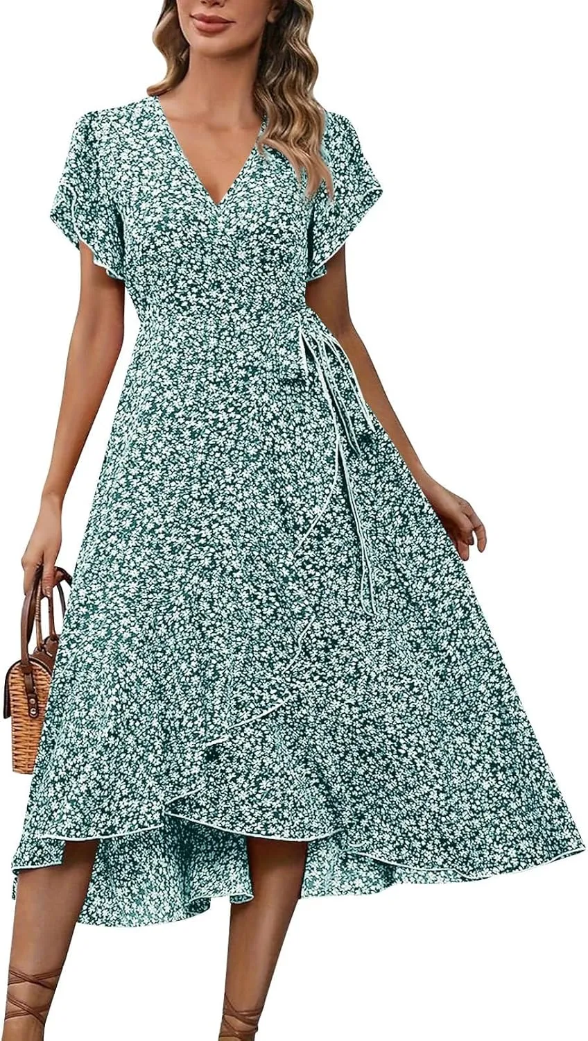 Womens Floral Vacation Dresses Casual Waisted Beach Sundresses Hawaiian Flowy V Neck Dress Ladies Trendy Cute Dress