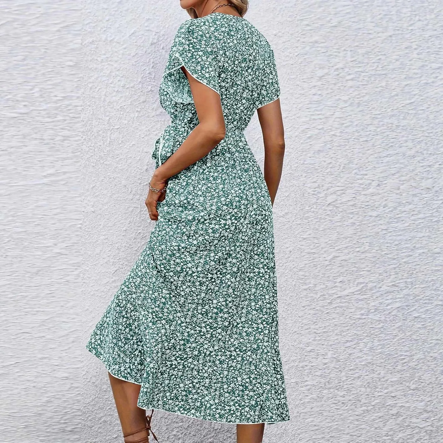 Womens Floral Vacation Dresses Casual Waisted Beach Sundresses Hawaiian Flowy V Neck Dress Ladies Trendy Cute Dress