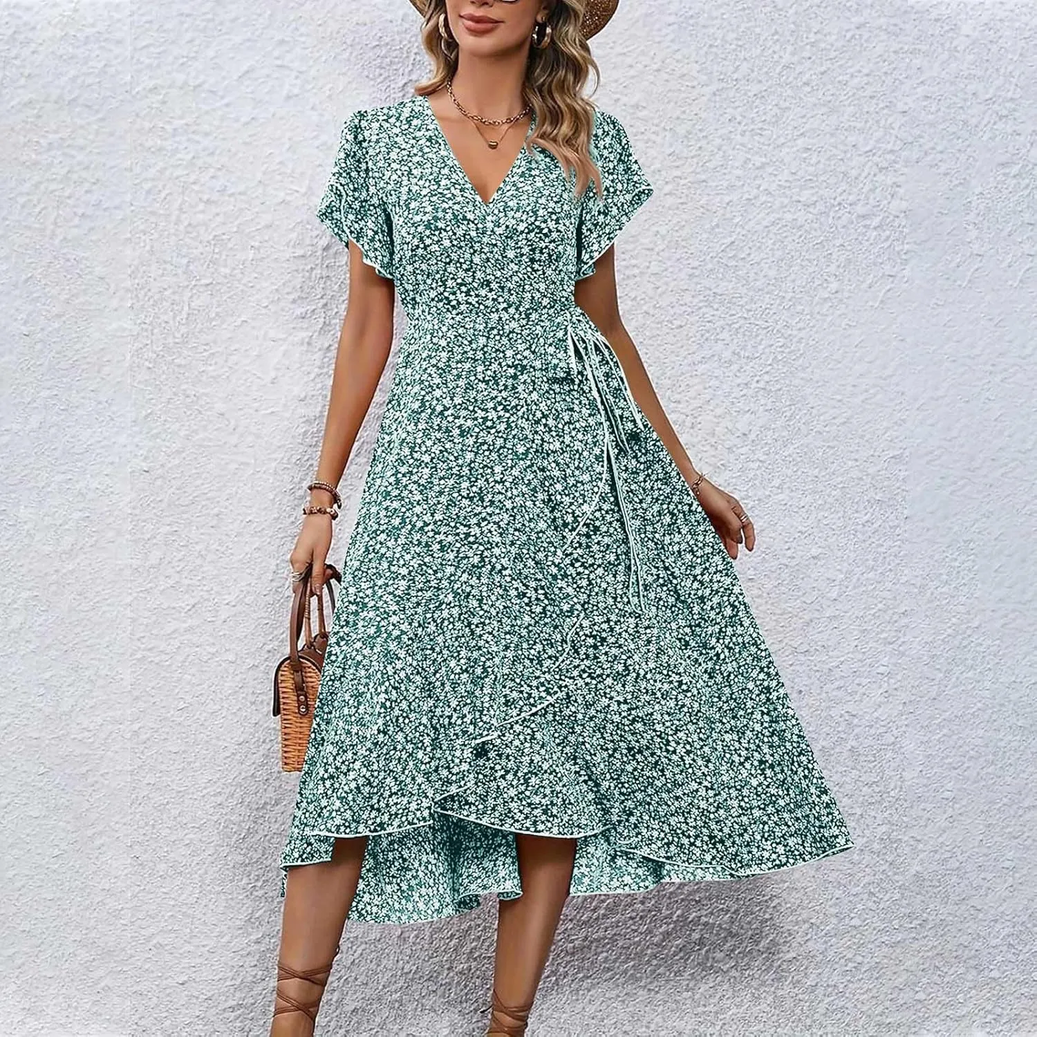 Womens Floral Vacation Dresses Casual Waisted Beach Sundresses Hawaiian Flowy V Neck Dress Ladies Trendy Cute Dress