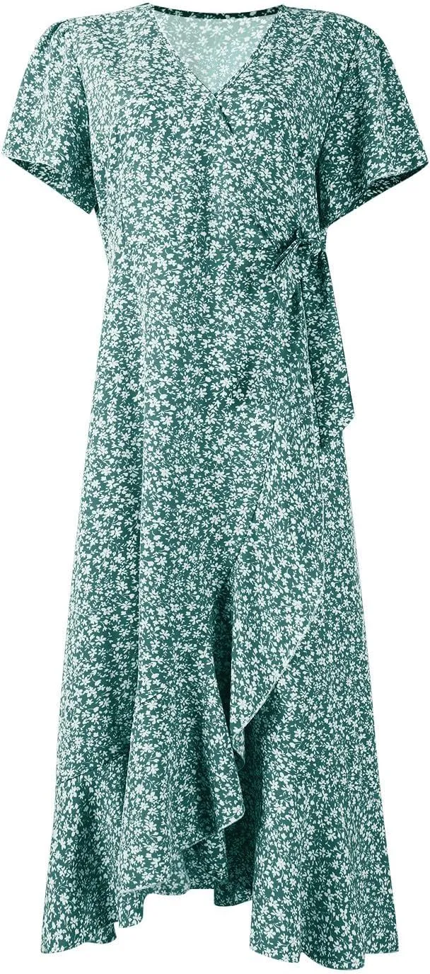 Womens Floral Vacation Dresses Casual Waisted Beach Sundresses Hawaiian Flowy V Neck Dress Ladies Trendy Cute Dress