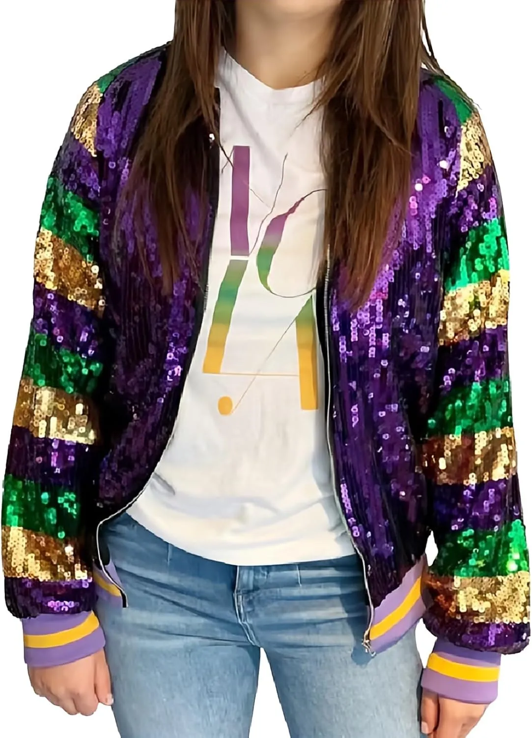 Women's Light up Sequin Jacket Coat Sparkly Long Sleeve Bomber Jackets Glowing Carnival Party Night Club Jacket