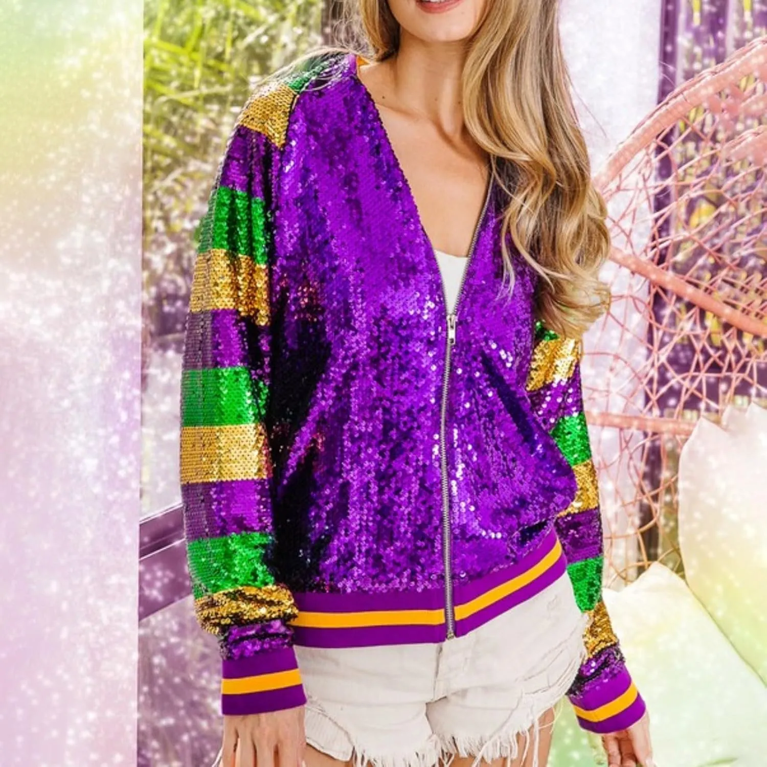 Women's Light up Sequin Jacket Coat Sparkly Long Sleeve Bomber Jackets Glowing Carnival Party Night Club Jacket