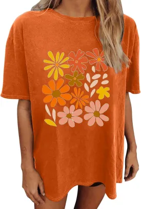 Women's Oversized T Shirts Summer Fashion Floral Print Short Sleeve Tops Casual Crewneck Loose Tees