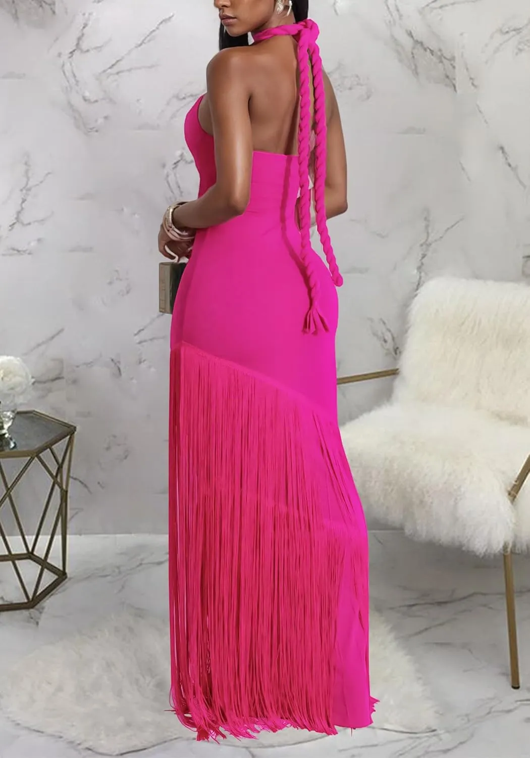 Women's Sexy Halter Backless Maxi Dress Cut Out Sleeveless Bodycon Long Fringes Club Party Cocktail Dresses