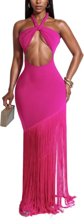 Women's Sexy Halter Backless Maxi Dress Cut Out Sleeveless Bodycon Long Fringes Club Party Cocktail Dresses