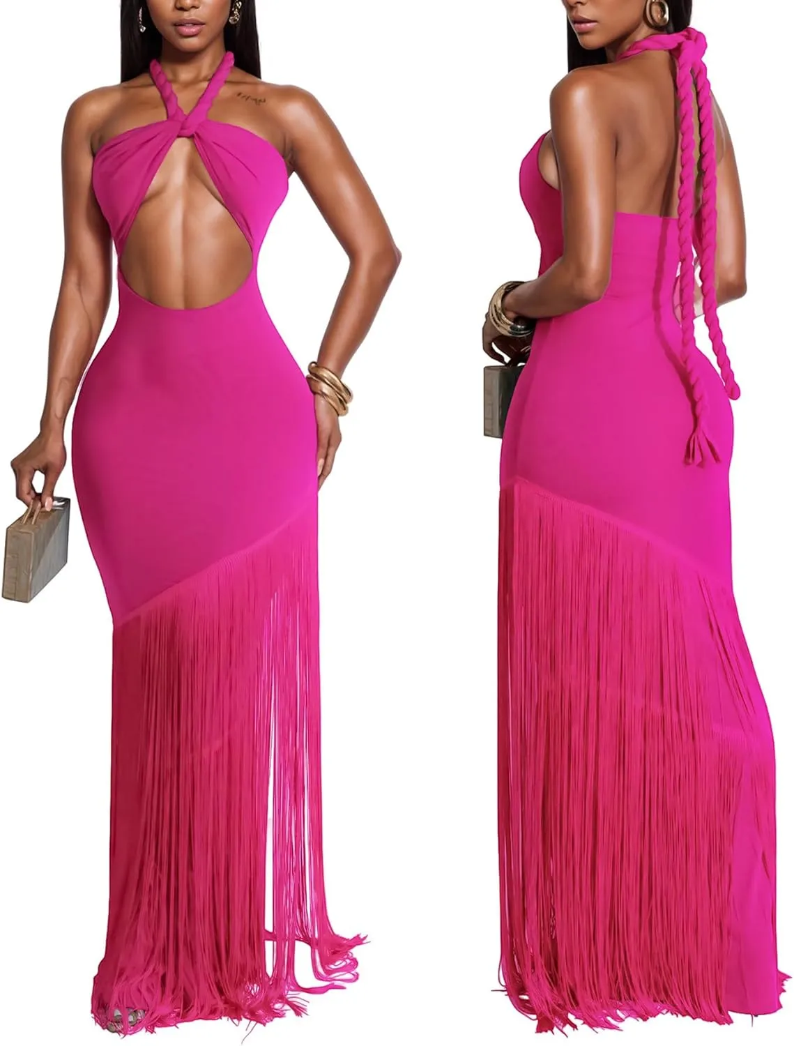 Women's Sexy Halter Backless Maxi Dress Cut Out Sleeveless Bodycon Long Fringes Club Party Cocktail Dresses