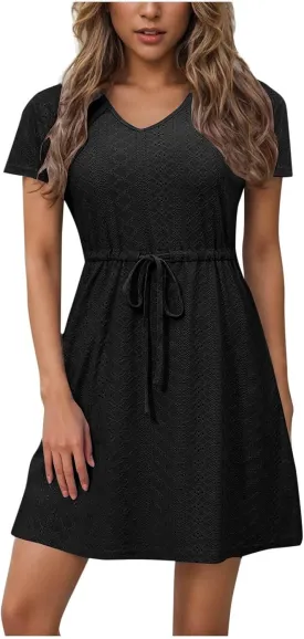 Womens Short Sleeve Dress Summer Casual Drawstring Waist Maxi Dresses Solid Trendy Vacation Rund Neck Short Dresses