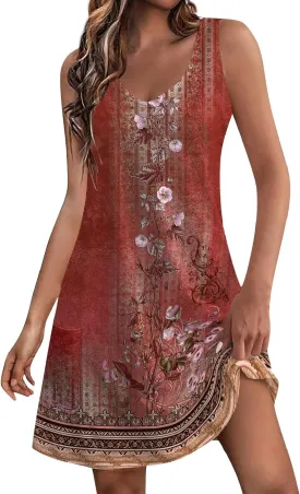 Women's Summer Dresses 2024 Beach Casual Sleeveless Floral Print Boho Tank Dress V Neck Loose Sundress with Pocket