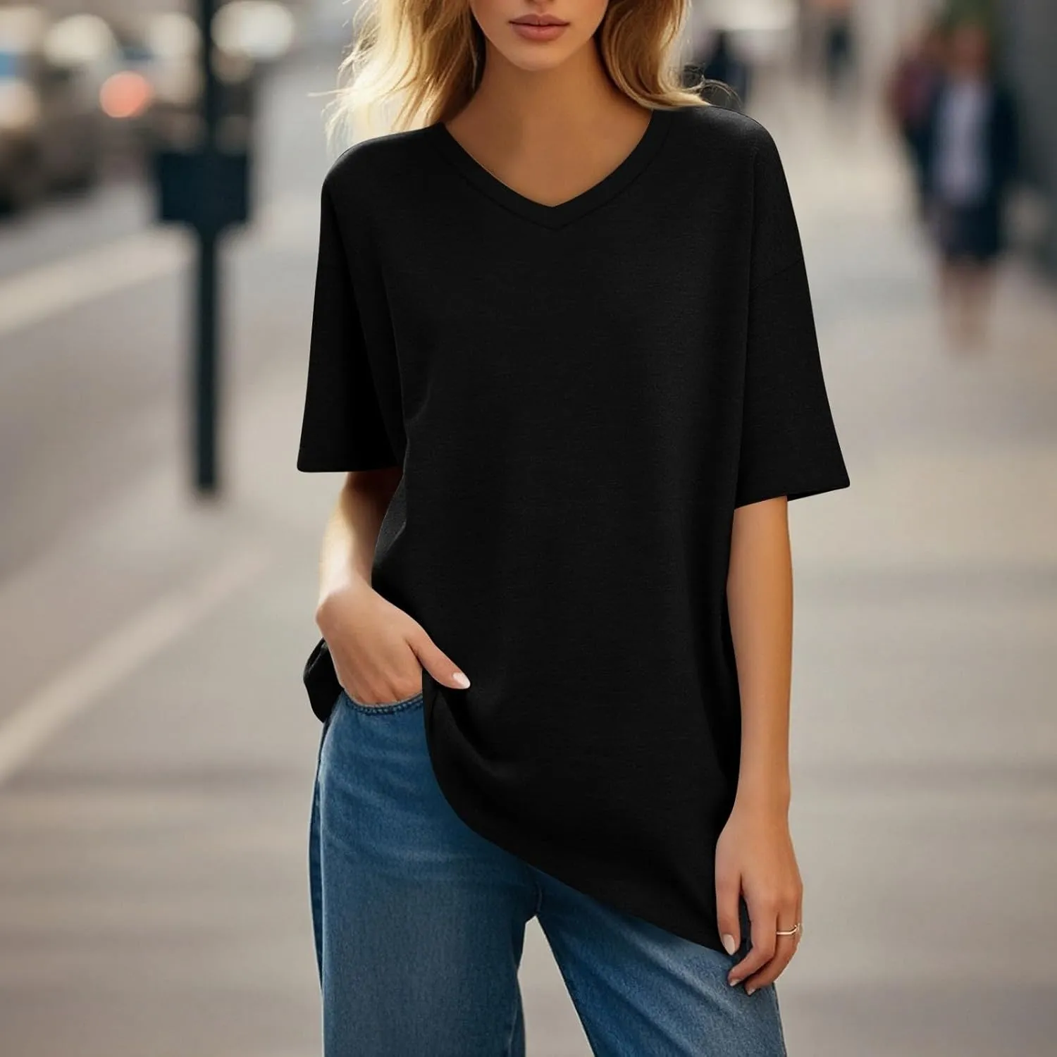 Womens Summer Oversized Shirts V Neck Business Casual Workout Tops Beach Vacation 2025 Gym Clothes Cotton Short Sleeve Tops