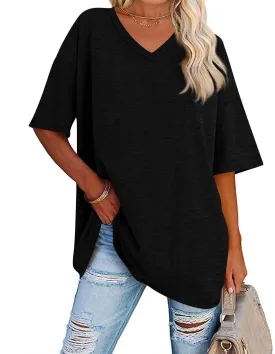 Womens Summer Oversized Shirts V Neck Business Casual Workout Tops Beach Vacation 2025 Gym Clothes Cotton Short Sleeve Tops