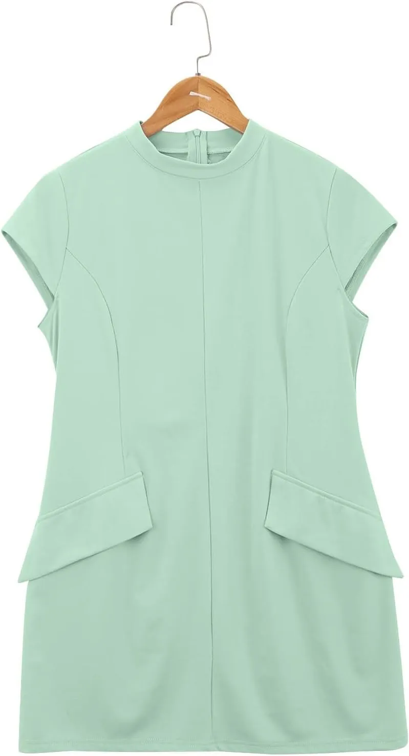 Womens Summer Slim Fit Dress Mock Round Neck Short Sleeve Bodycon Party Club Mini Dresses with Pockets Casual 2025