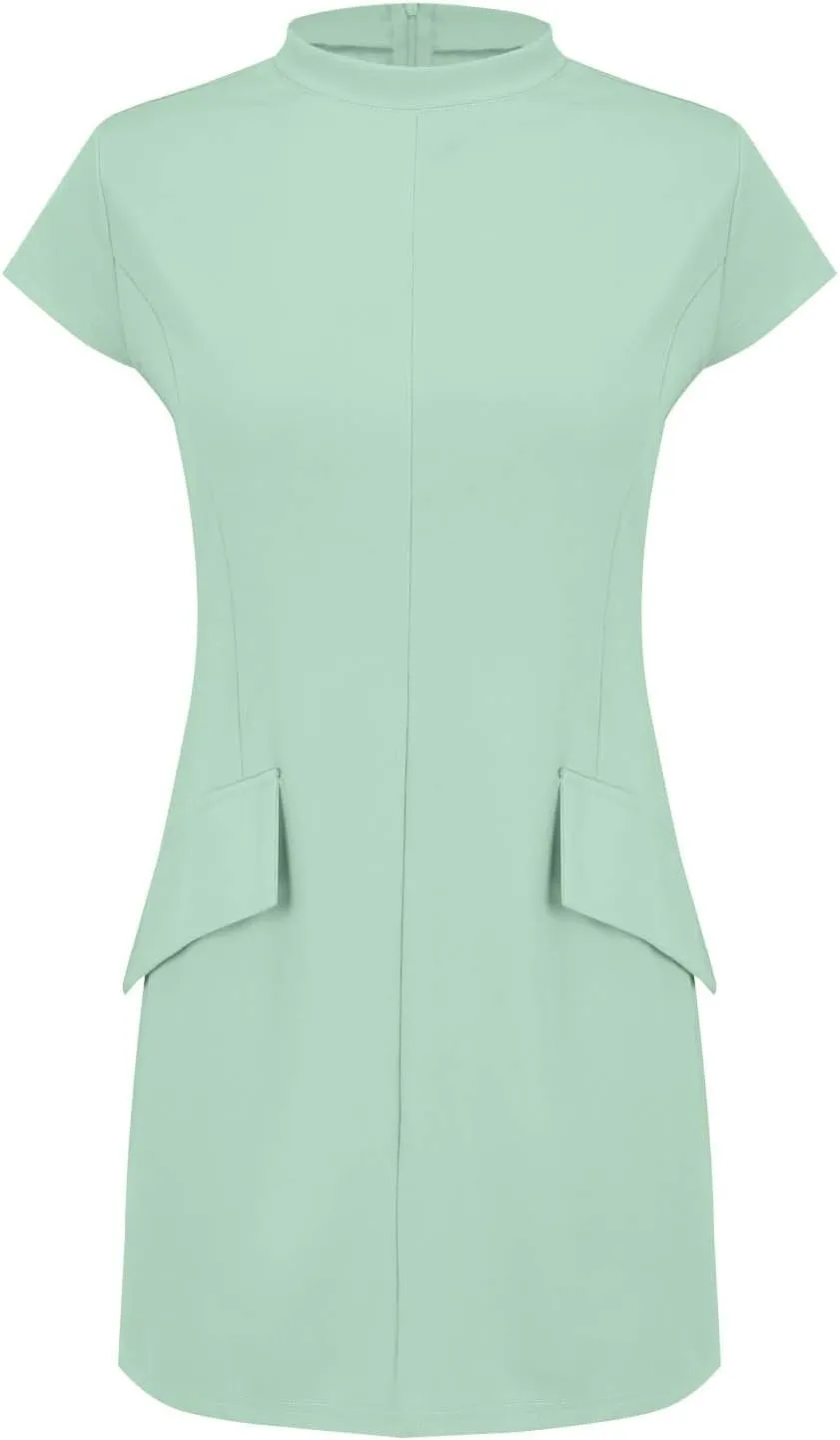 Womens Summer Slim Fit Dress Mock Round Neck Short Sleeve Bodycon Party Club Mini Dresses with Pockets Casual 2025