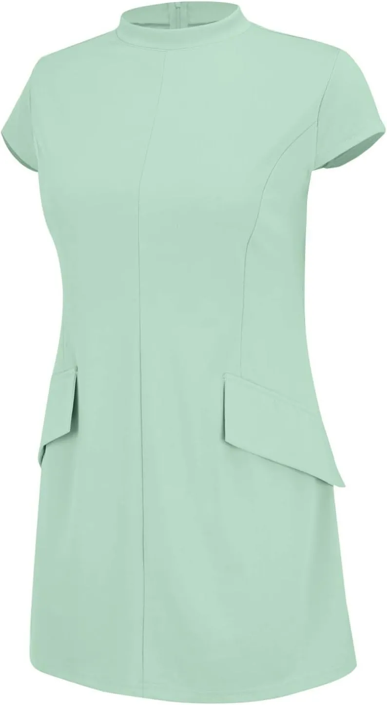 Womens Summer Slim Fit Dress Mock Round Neck Short Sleeve Bodycon Party Club Mini Dresses with Pockets Casual 2025