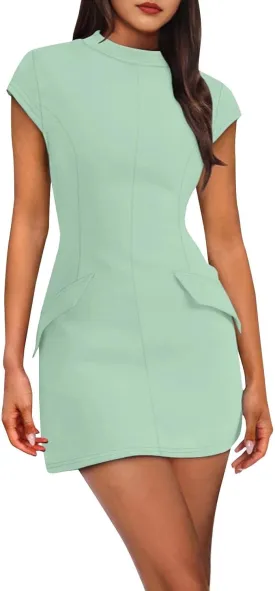 Womens Summer Slim Fit Dress Mock Round Neck Short Sleeve Bodycon Party Club Mini Dresses with Pockets Casual 2025