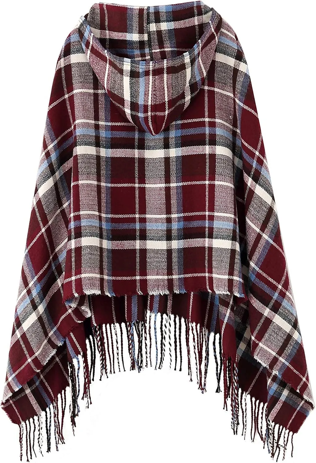 Women's Vintage Plaid Knitted Tassel Poncho Shawl Cape Button Cardigan
