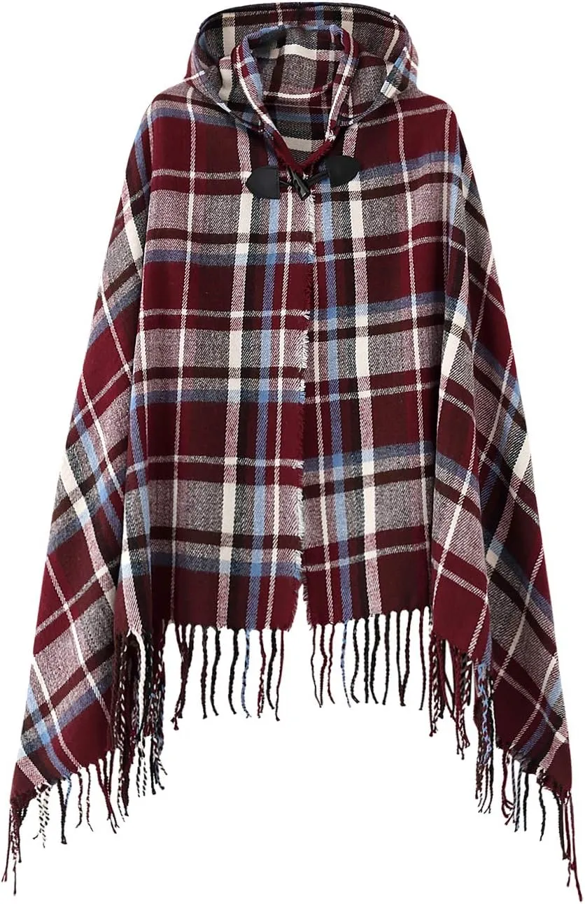 Women's Vintage Plaid Knitted Tassel Poncho Shawl Cape Button Cardigan
