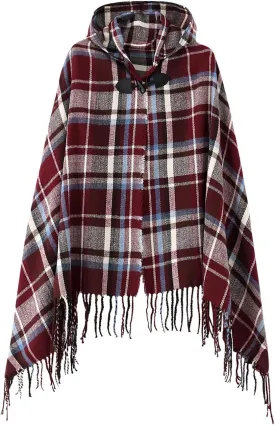 Women's Vintage Plaid Knitted Tassel Poncho Shawl Cape Button Cardigan