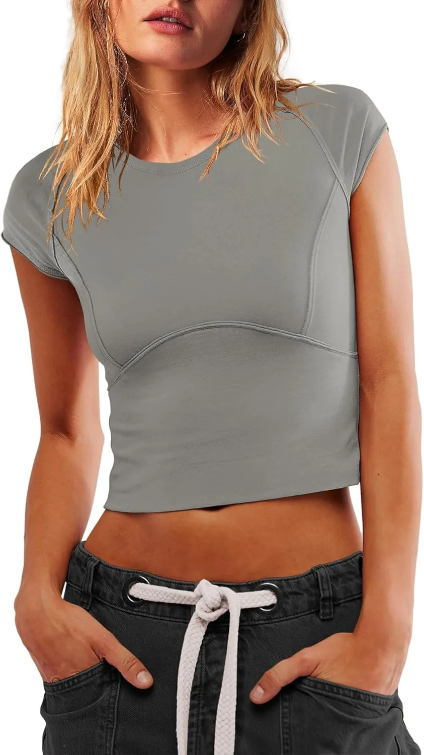 Yanekop Cropped T Shirts for Women Tight Crew Neck Cap Sleeve Tops Slim Fit Cropped Tees Basic Short Sleeve Workout Tops