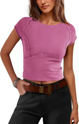 Yanekop Cropped T Shirts for Women Tight Crew Neck Cap Sleeve Tops Slim Fit Cropped Tees Basic Short Sleeve Workout Tops