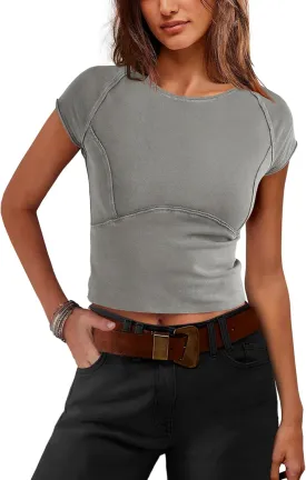 Yanekop Cropped T Shirts for Women Tight Crew Neck Cap Sleeve Tops Slim Fit Cropped Tees Basic Short Sleeve Workout Tops