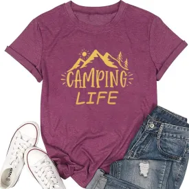 ZXCAHPT Camping Life T Shirt Women Camping Hiking Shirt Mountain Tees for Women Summer Outdoor Graphic Tees Travel Shirt