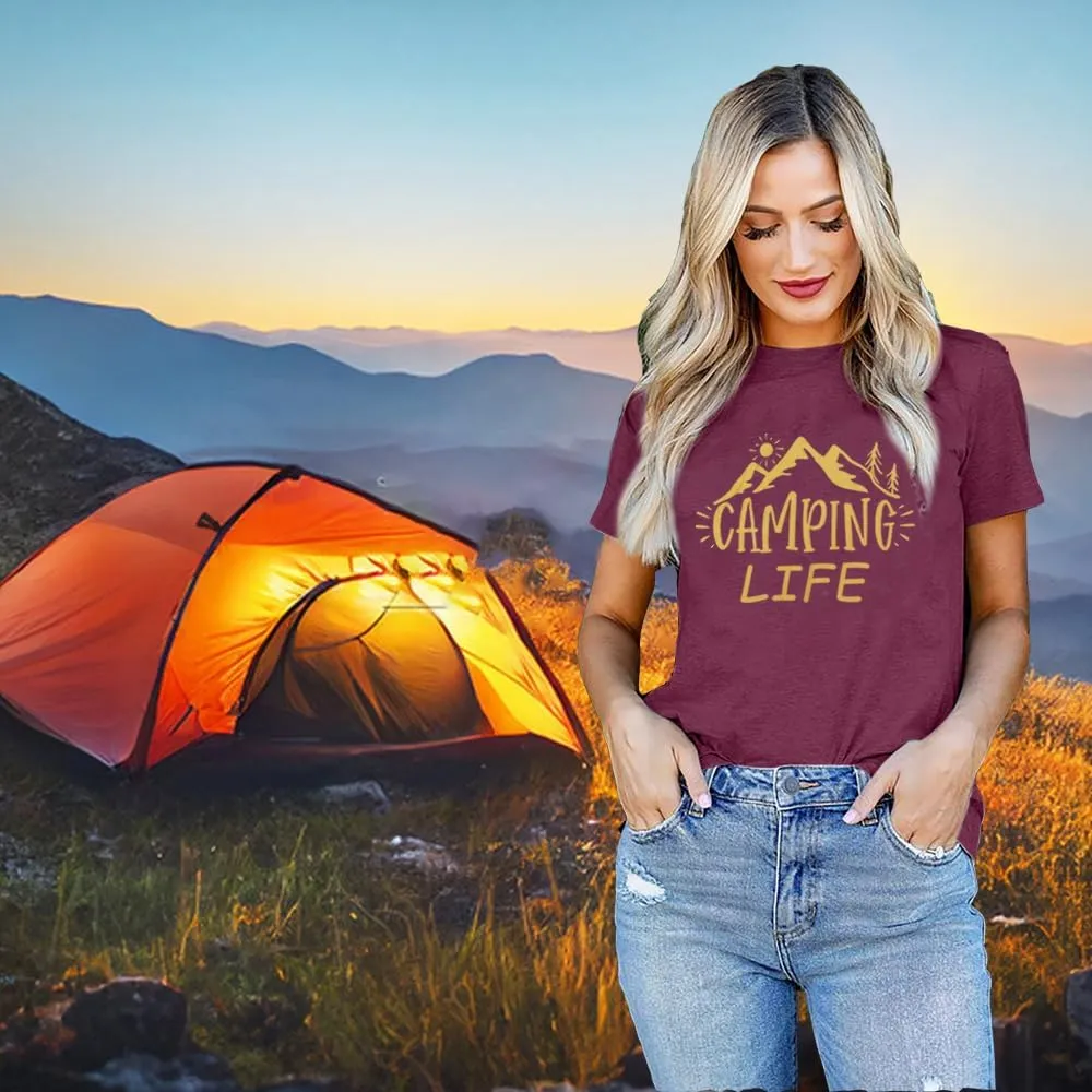 ZXCAHPT Camping Life T Shirt Women Camping Hiking Shirt Mountain Tees for Women Summer Outdoor Graphic Tees Travel Shirt