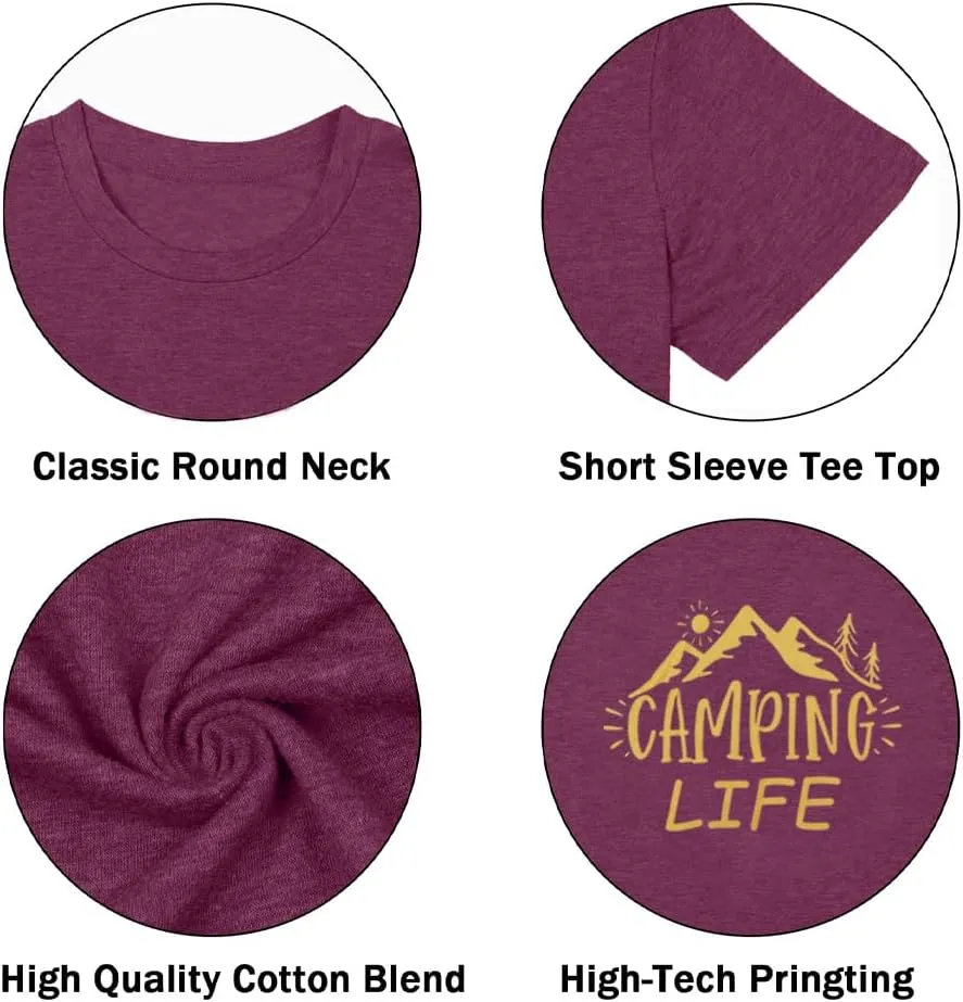 ZXCAHPT Camping Life T Shirt Women Camping Hiking Shirt Mountain Tees for Women Summer Outdoor Graphic Tees Travel Shirt
